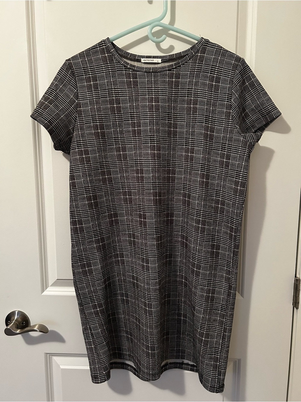 Plaid Short-Sleeve Mini Dress in Black & White